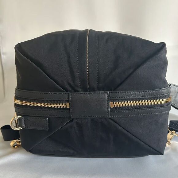 CARAA Large Backpack Black Nylon Leather Trim Gold Hardware Travel Bag 15\